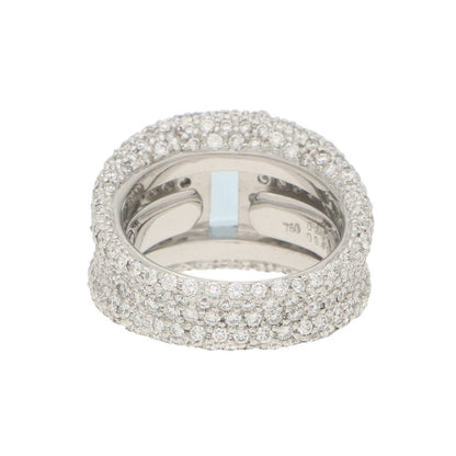 An incredibly sparkly 1.93ct emerald cut aquamarine and diamond bombe ring set in 18ct white gold.