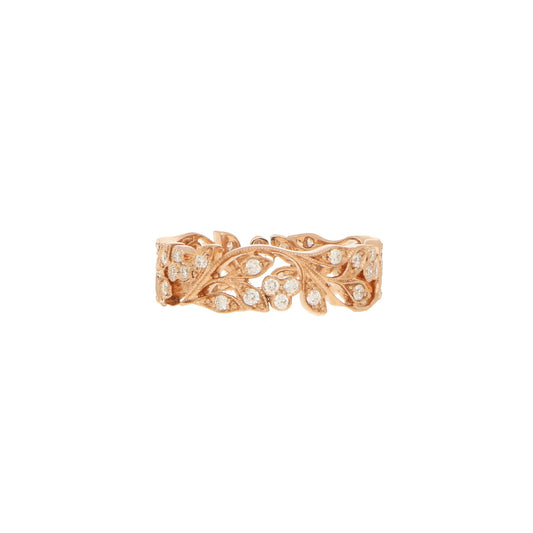 A rose gold diamond set foliate band, on a white background