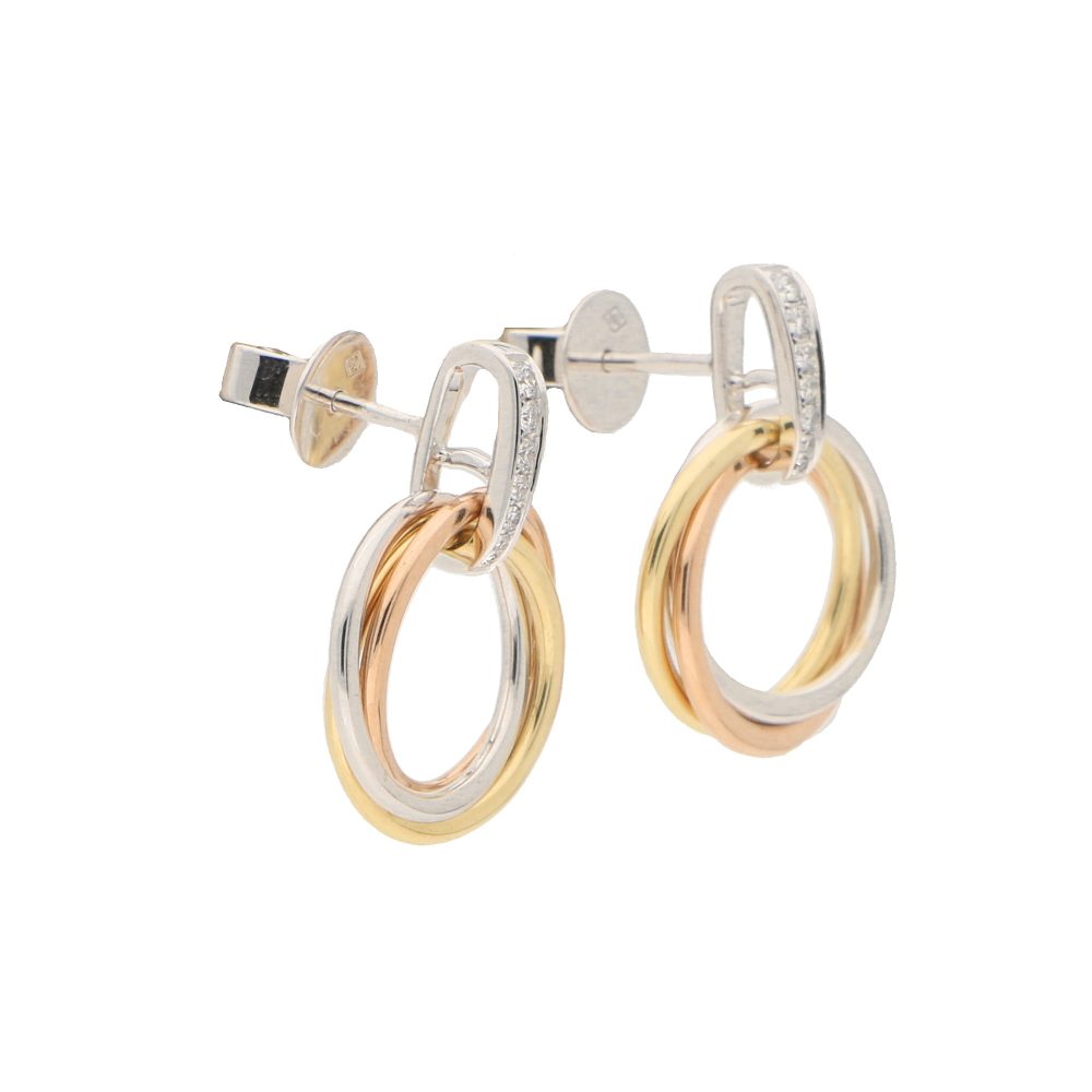 Tri Colour Gold Trinity Drop Earrings with Diamonds