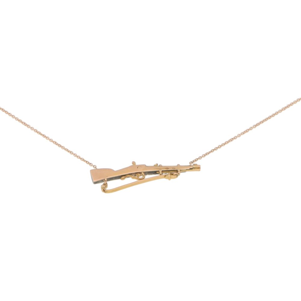 Victorian Rose Cut Diamond Set Hunting Rifle Pendant Necklace in 18ct Rose Gold