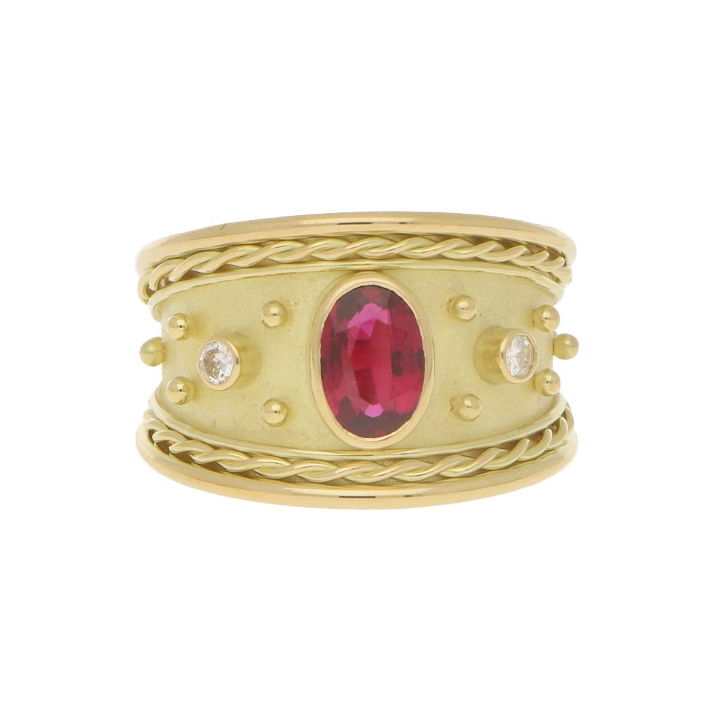 Etruscan Revival Ruby and Diamond 18ct Yellow Gold Dress Ring