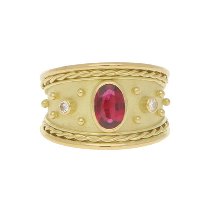 Etruscan Revival Ruby and Diamond 18ct Yellow Gold Dress Ring