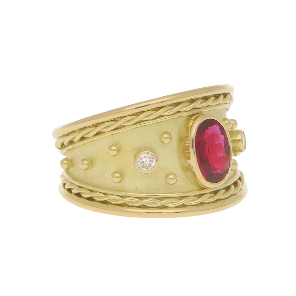 Etruscan Inspired Ruby and Diamond 18ct Yellow Gold Dress Ring