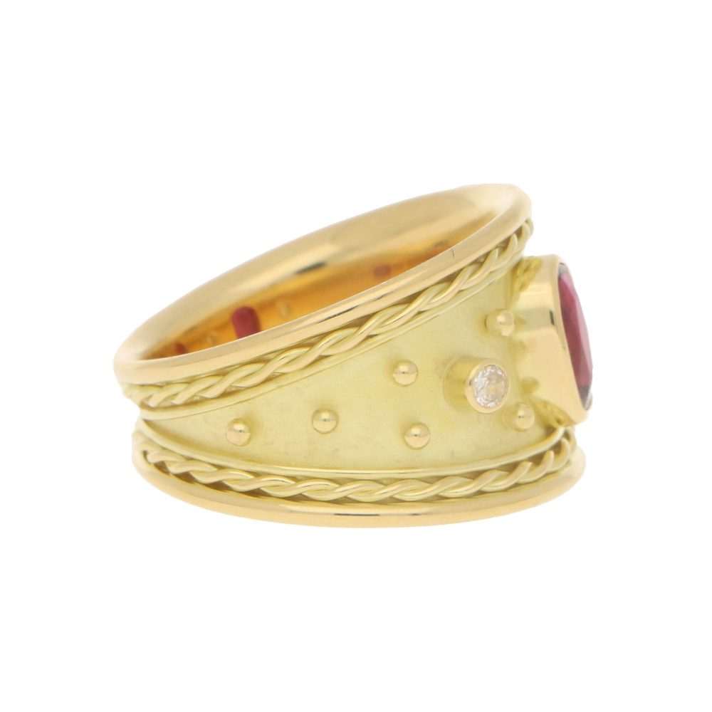 Etruscan Style Ruby and Diamond 18ct Yellow Gold Dress Ring