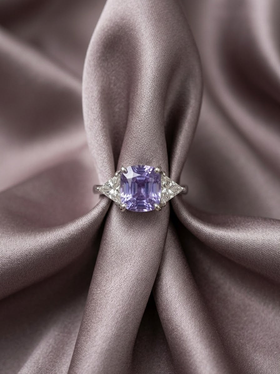 English Deco Style Platinum Ring with 2.68 Ct Ceylon Violet Sapphire & Diamond
