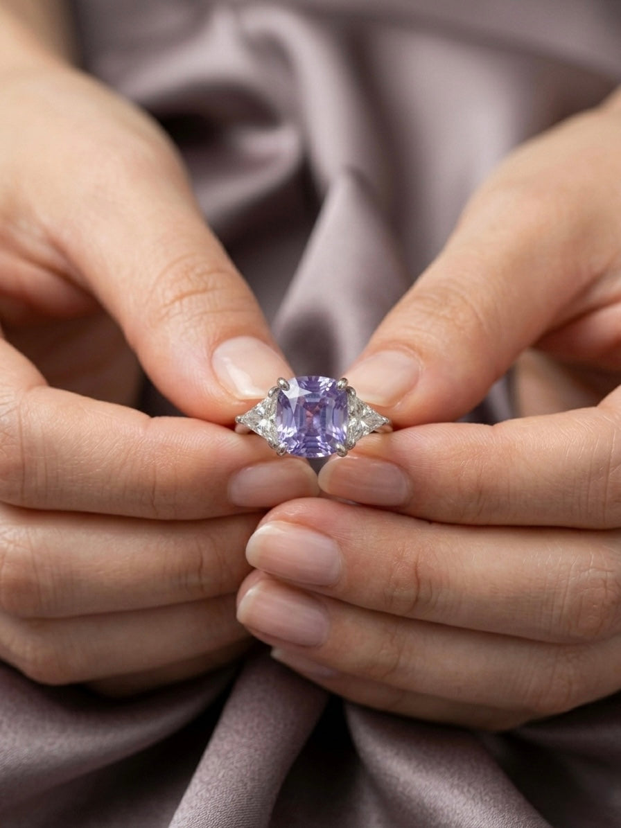 English Deco Style Platinum Ring with 2.68 Ct Ceylon Violet Sapphire & Diamond