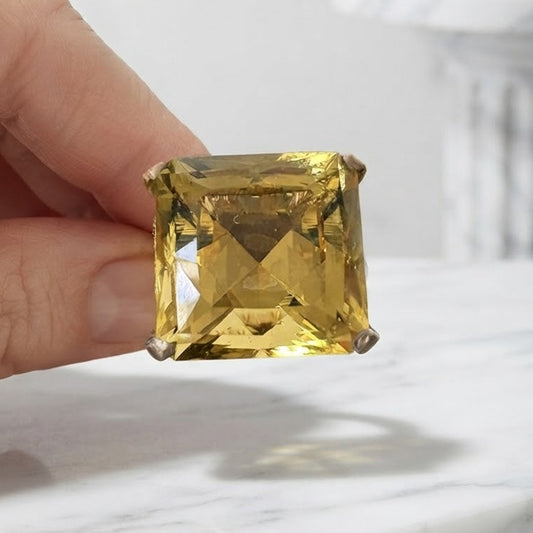 Unique 25ct Heliodor Solitaire Statement Ring with 1.30cts Diamonds, Signed Villa Milan