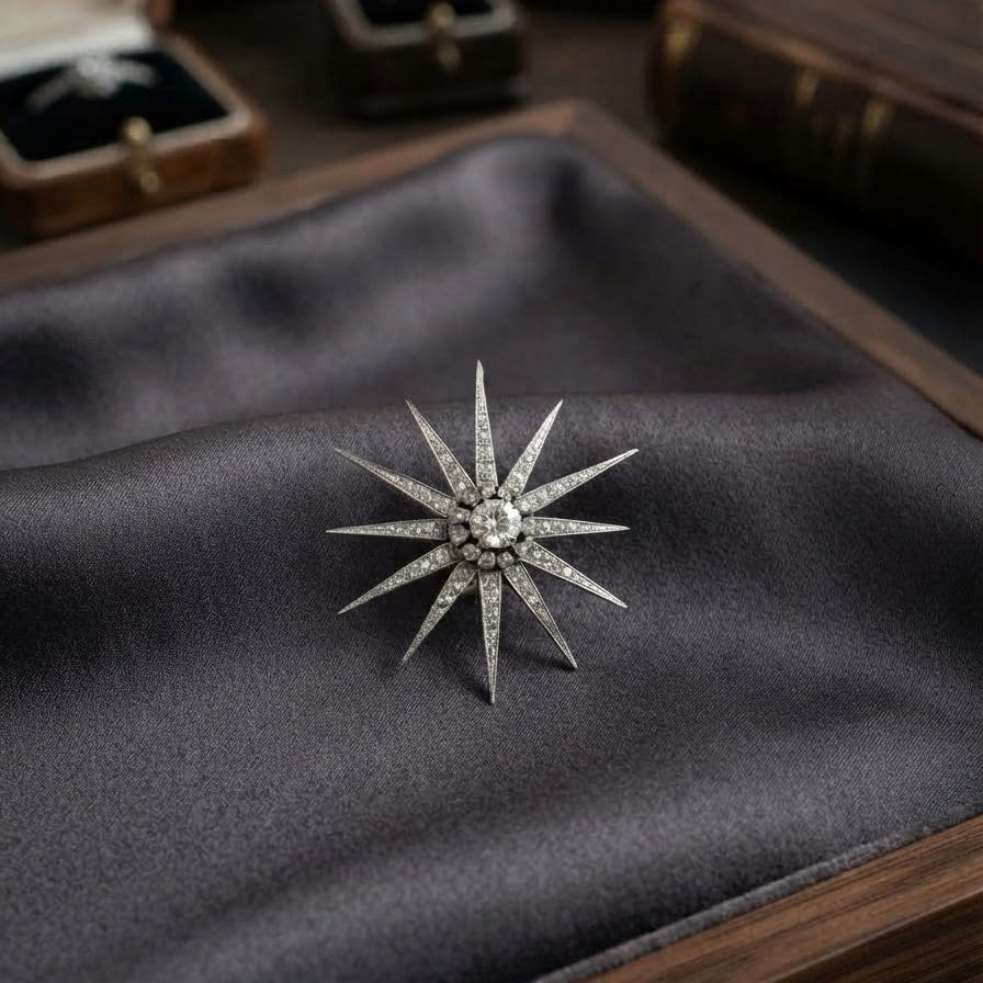 Art Deco Celestial 1.10 Ct Diamond 18 KT White Gold Star Brooch