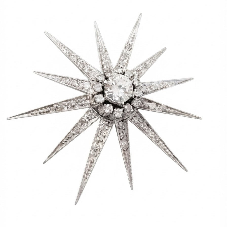 Art Deco Celestial 1.10 Ct Diamond 18ct White Gold Star Brooch
