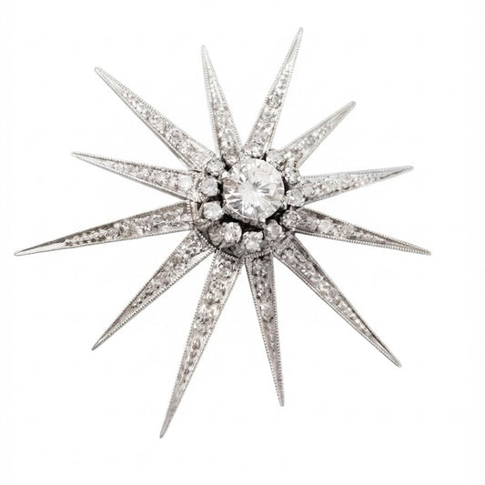 Art Deco Celestial 1.10 Ct Diamond 18ct White Gold Star Brooch