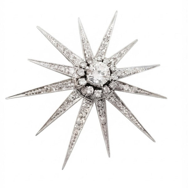 Art Deco Celestial 1.10 Ct Diamond 18ct White Gold Star Brooch