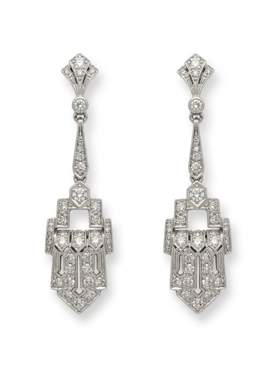 Art Deco Diamond Geometric Panel Platinum Drop Earrings