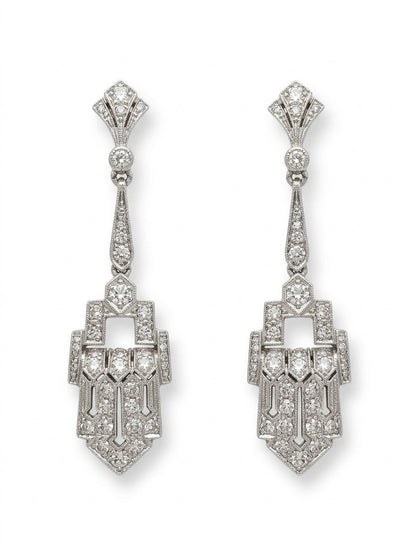 Art Deco Diamond Geometric Panel Platinum Drop Earrings
