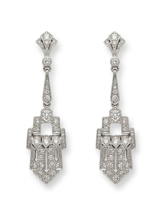 Art Deco Diamond Geometric Panel Platinum Drop Earrings