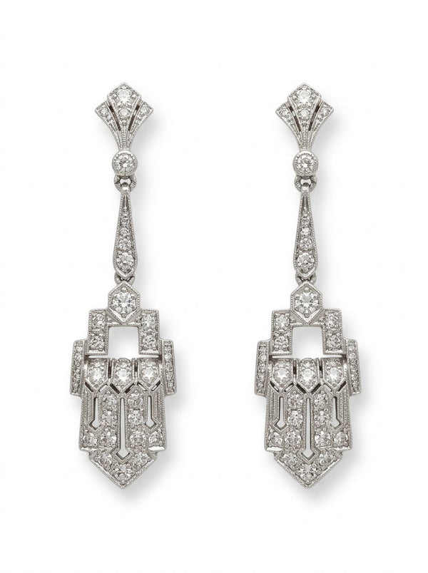 Art Deco Diamond Geometric Panel Platinum Drop Earrings