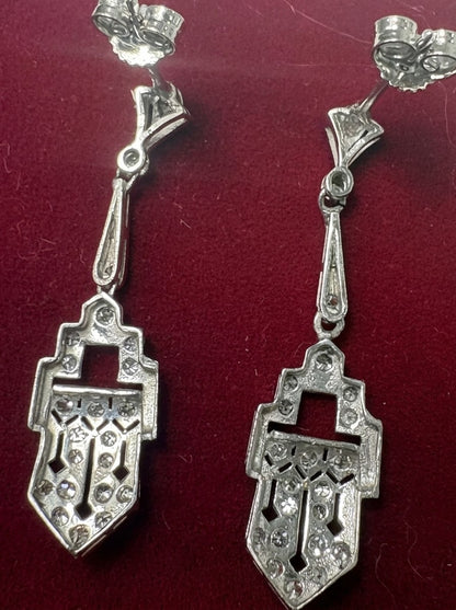 Art Deco Diamond Geometric Panel Platinum Drop Earrings