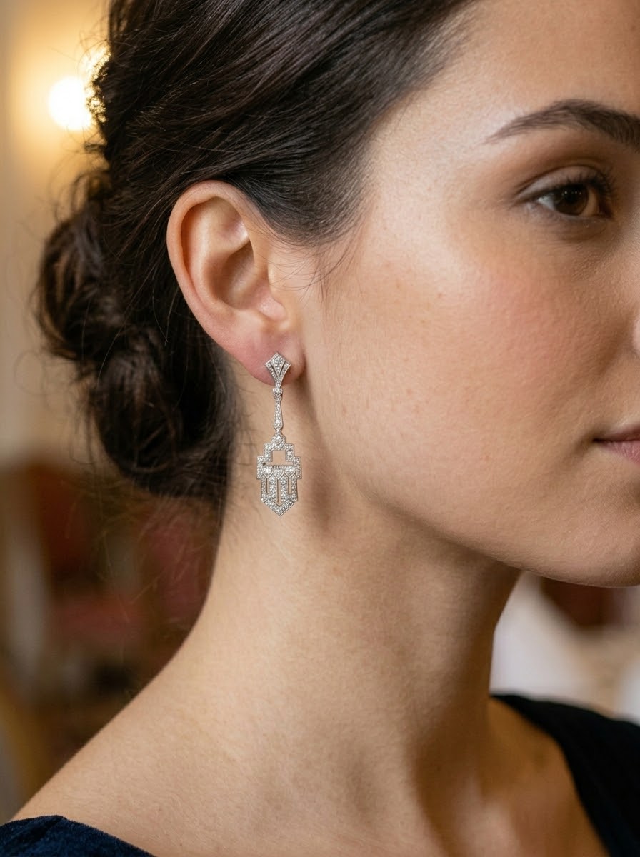 Art Deco Diamond Geometric Panel Platinum Drop Earrings