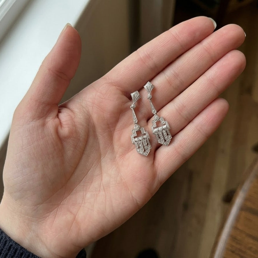 Art Deco Diamond Geometric Panel Platinum Drop Earrings