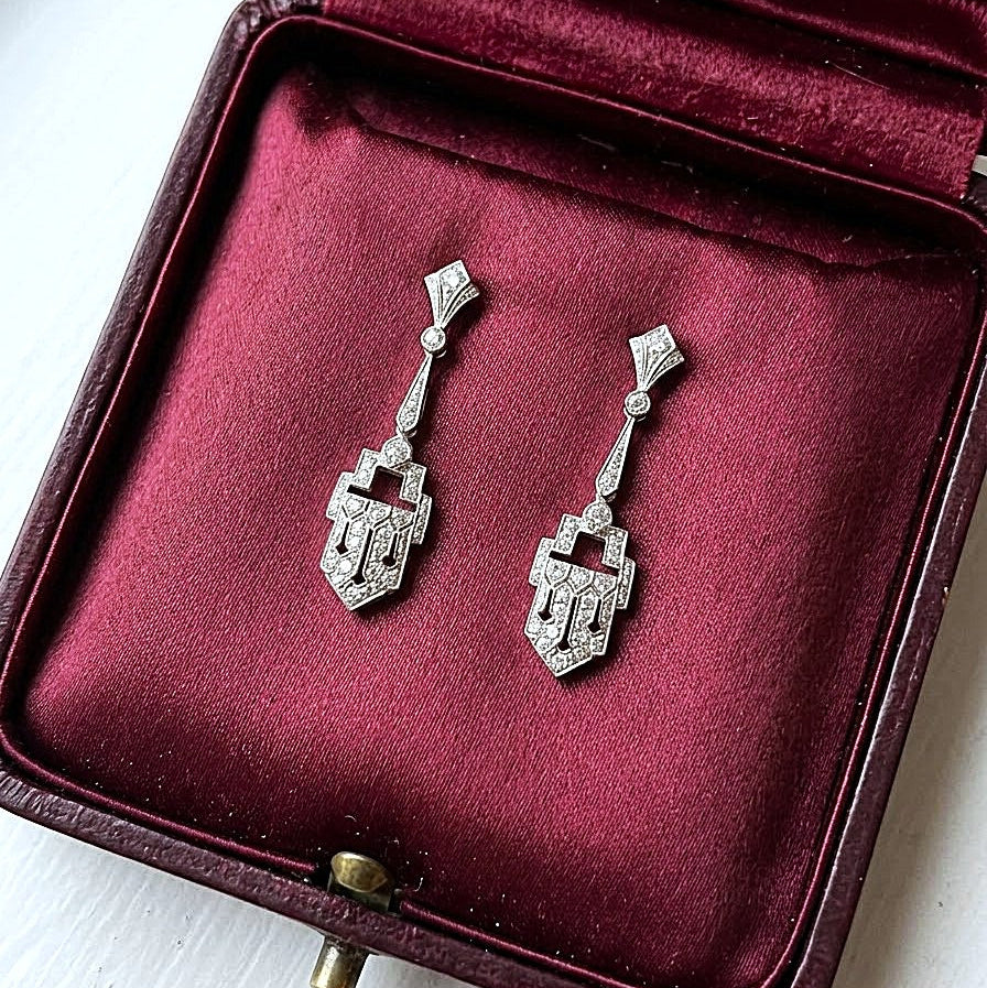 Art Deco Diamond Geometric Panel Platinum Drop Earrings