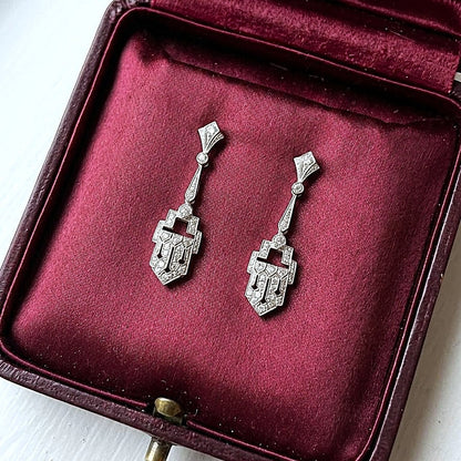 Art Deco Diamond Geometric Panel Platinum Drop Earrings