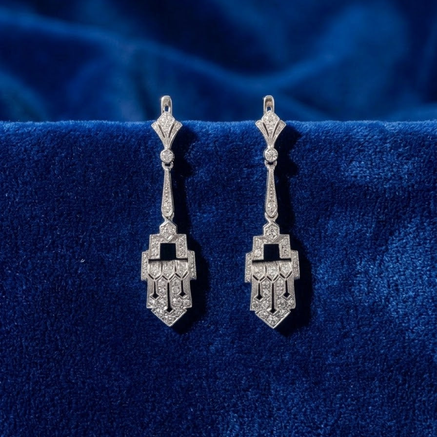 Art Deco Diamond Geometric Panel Platinum Drop Earrings