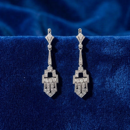 Art Deco Diamond Geometric Panel Platinum Drop Earrings