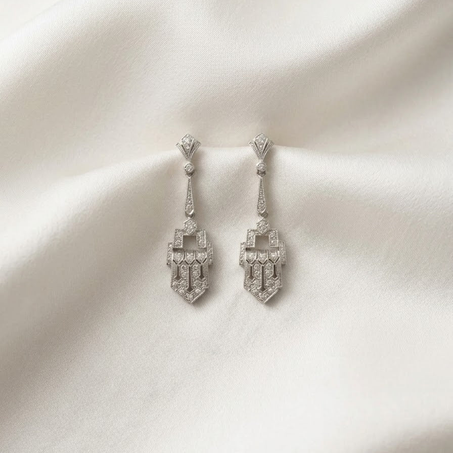 Art Deco Diamond Geometric Panel Platinum Drop Earrings