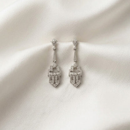 Art Deco Diamond Geometric Panel Platinum Drop Earrings