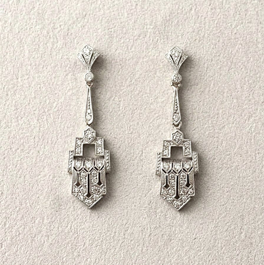 Art Deco Diamond Geometric Panel Platinum Drop Earrings