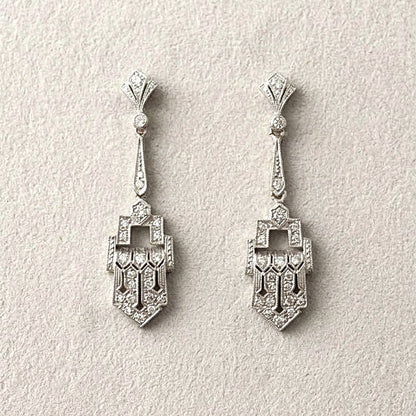 Art Deco Diamond Geometric Panel Platinum Drop Earrings