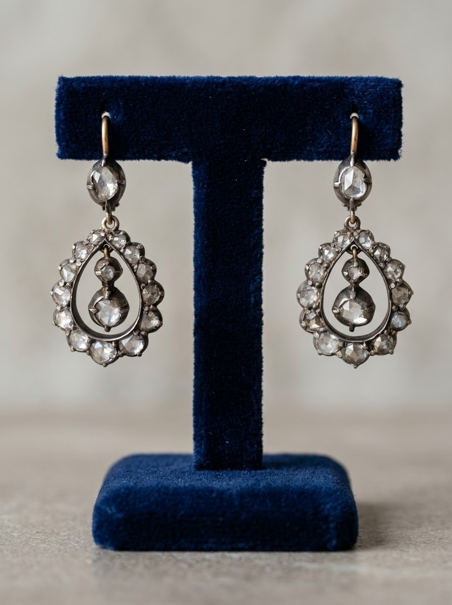 Georgian Gold Silver Rose Cut Diamond Drop Earrings, Circa 1790