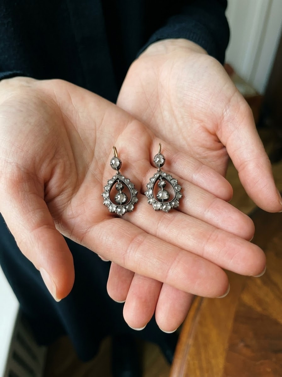Georgian Gold Silver Rose Cut Diamond Drop Earrings, Circa 1790