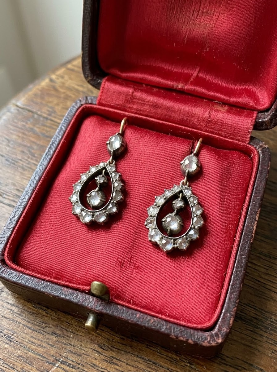 Georgian Gold Silver Rose Cut Diamond Drop Earrings, Circa 1790