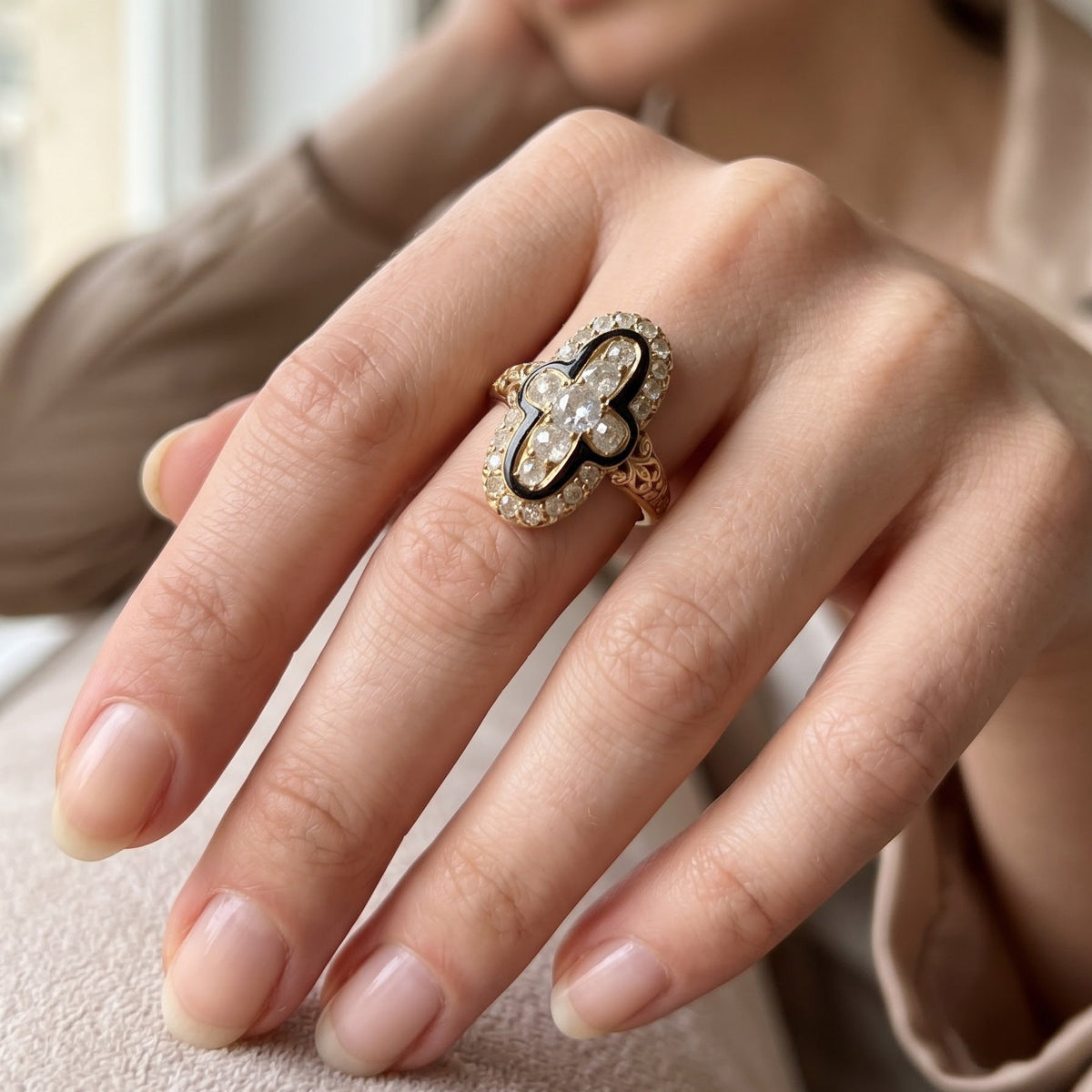 Vintage Gothic Style 1.35ct Old Mine Diamond and Black Enamel Cross Cluster Plaque Ring