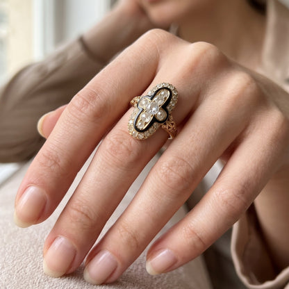 Vintage Gothic Style 1.35ct Old Mine Diamond and Black Enamel Cross Cluster Plaque Ring