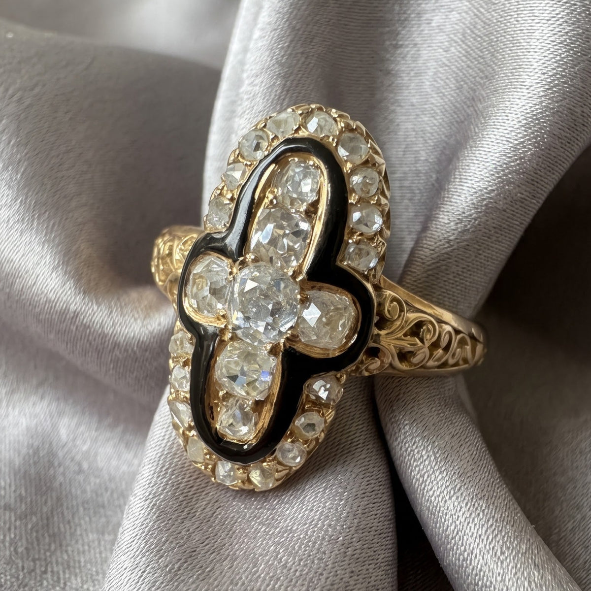 Vintage Gothic Style 1.35ct Old Mine Diamond and Black Enamel Cross Cluster Plaque Ring