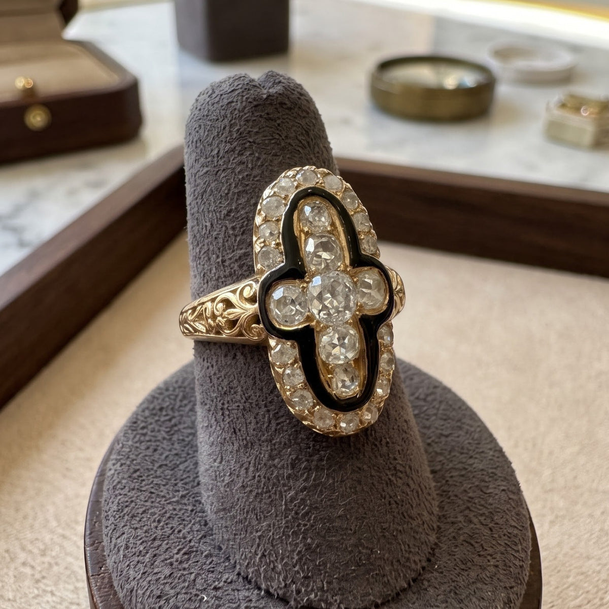 Vintage Gothic Style 1.35ct Old Mine Diamond and Black Enamel Cross Cluster Plaque Ring
