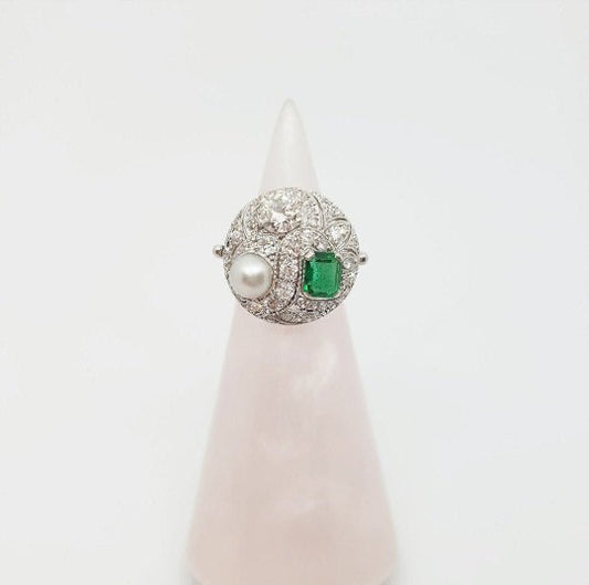 1950's Vintage Emerald, Diamond and Pearl Bombe Ring