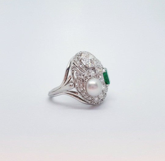 Vintage Emerald, Diamond and Pearl Ring