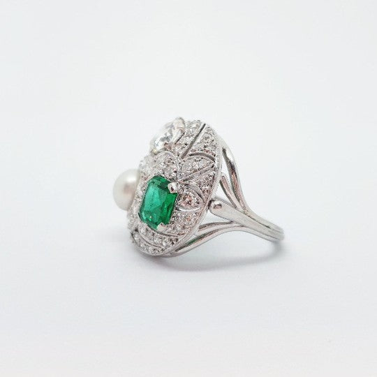 Vintage Emerald, Diamond and Pearl Ring