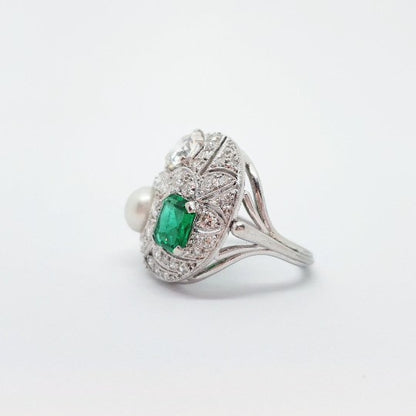 Vintage Emerald, Diamond and Pearl Ring
