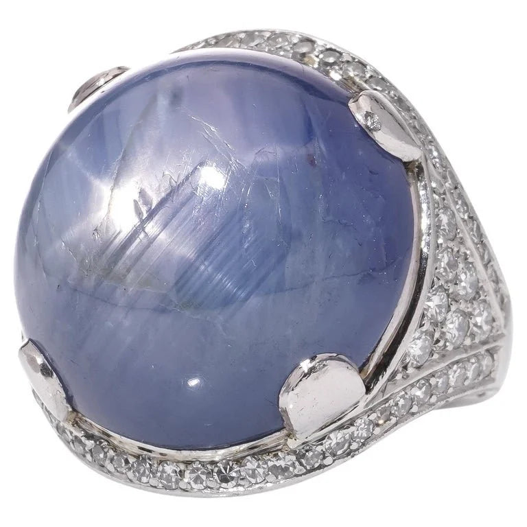 Platinum Dome Ring With 46.00 Carat Round Cabochon Sapphire