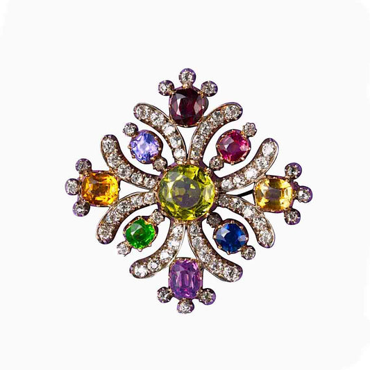 Antique 19th Century Harlequin Gem Set Maltese Cross Pendant Brooch
