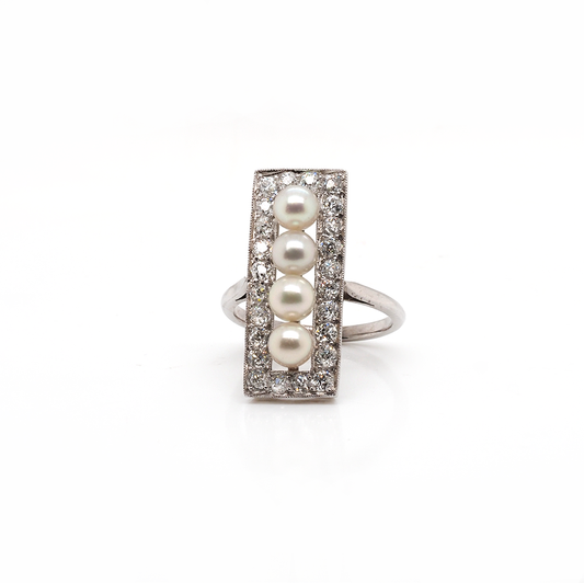 Jewellery Natural Pearl and Diamond Art Deco Plaque Ring Long 
