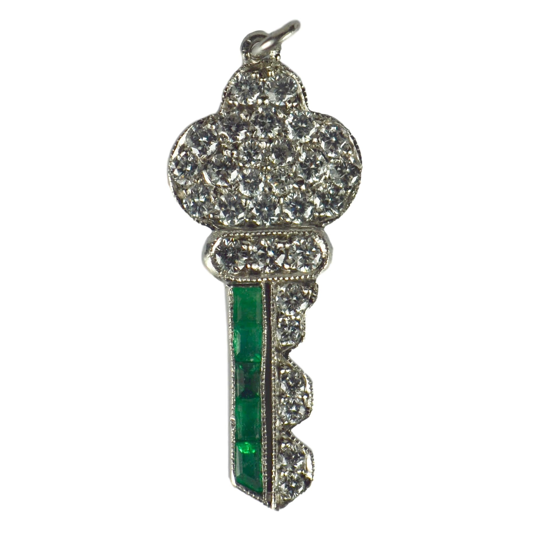 Art Deco Emerald, Diamond and Platinum Key Charm Pendant