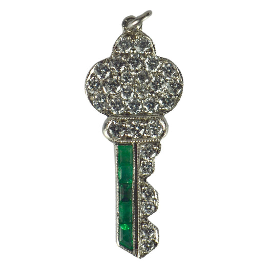 Art Deco Emerald, Diamond and Platinum Key Charm Pendant