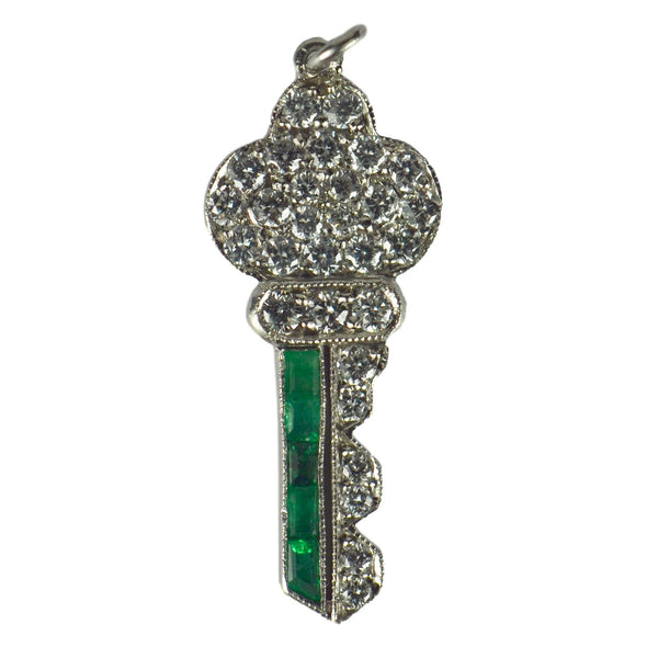 Art Deco Emerald, Diamond and Platinum Key Charm Pendant