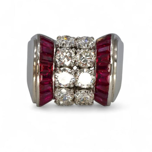 Vintage Retro 1940s Diamond and Ruby Tank Ring