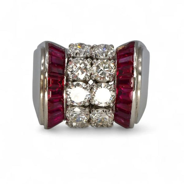 Vintage Retro 1940s Diamond and Ruby Tank Ring