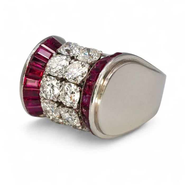 Vintage Retro 1940s Diamond and Ruby Tank Ring